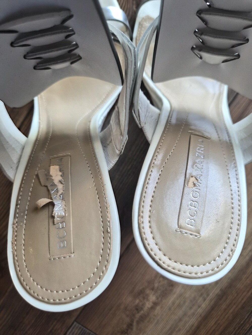 BCBGMaxAzria Vanny White and Metallic Silver Wedge Sandals- Size 10 - Picture 6 of 11